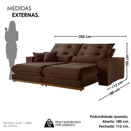 Imagem de Sofá 3 Lugares Retrátil e Reclinável Veludo 250cm X 105cm Suíça Marrom