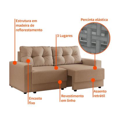 Imagem de Sofá 3 Lugares Retrátil Lubeck Linho Bege