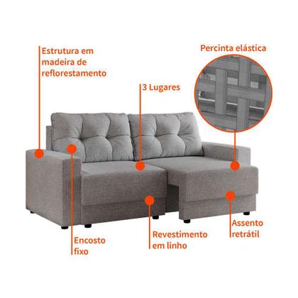 Sofá 3 Lugares Retrátil Lubeck Linho Cinza - Mobly Imagem de Sofá 3 Lugares Retrátil Lubeck Linho Cinza