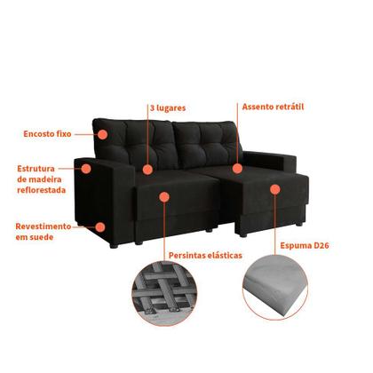 Imagem de Sofá 3 Lugares Retrátil Lubeck Suede Preto 180 cm