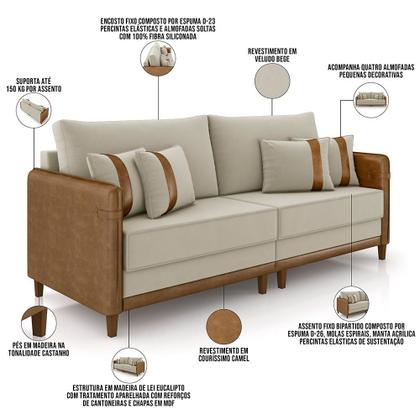 Imagem de Sofá 3 Lugares Sala de Estar Living 192cm Asbury K01 Veludo Bege material sintético Camel - Lyam Decor