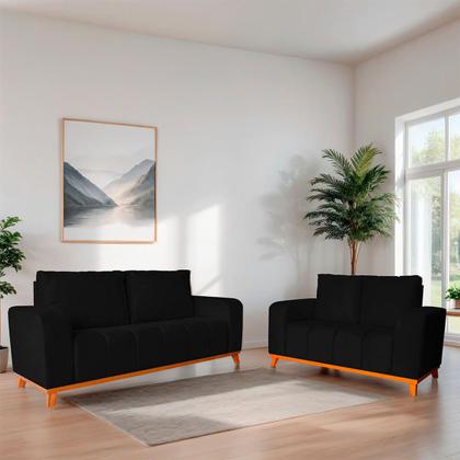 Imagem de Sofá 3x2 Lugares Memphis Ultra Conforto em Madeira Maciça e Suede Preto - LH Decor