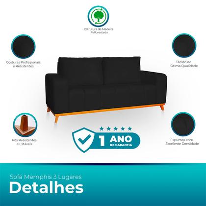 Imagem de Sofá 3x2 Lugares Memphis Ultra Conforto em Madeira Maciça e Suede Preto - LH Decor