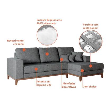 Imagem de Sofá 4 Lugares Belgrado com Chaise Direito Linho Cinza 250 cm