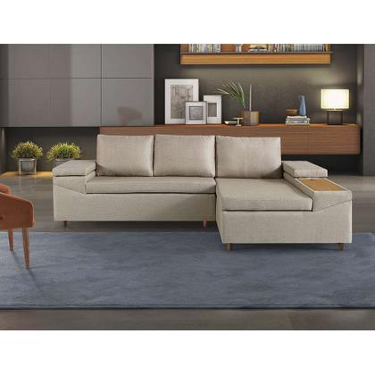 Imagem de Sofá 4 Lugares Clássico com Chaise Direito e Entrada USB Linho Caramelo