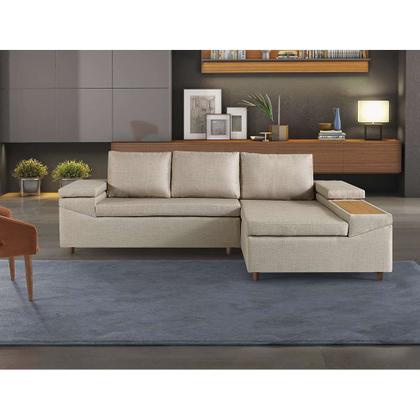 Imagem de Sofá 4 Lugares Clássico com Chaise Direito Linho Caramelo