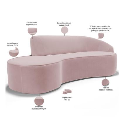 Imagem de Sofá 4 Lugares Curvo Sala de Estar Living Firenze Direito D02 Veludo Rosê 280 cm C-305 - Lyam