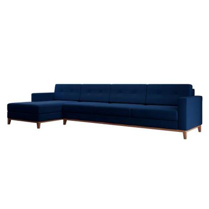 Imagem de Sofá 4 Lugares Living com Chaise Esquerdo Pés e Base em Madeira Linho Cotton Azul Marinho