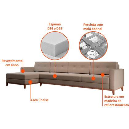 Imagem de Sofá 4 Lugares Living com Chaise Esquerdo Pés e Base em Madeira Linho Cotton Bege