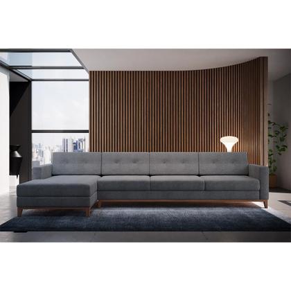 Imagem de Sofá 4 Lugares Living com Chaise Esquerdo Pés e Base em Madeira Linho Cotton Cinza