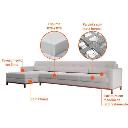 Imagem de Sofá 4 Lugares Living com Chaise Esquerdo Pés e Base em Madeira Linho Cotton Cru