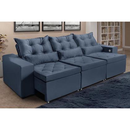 Imagem de Sofá  4 Lugares Opala 3,00 Metros Chumbo  Retrátil Reclinável Tecnologia Carregamento 4 portas USB ,com tapete Incluso -