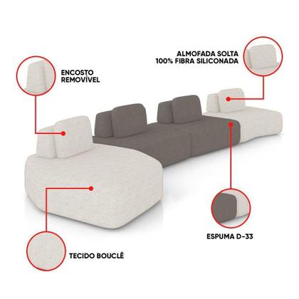 Imagem de Sofá 4 Lugares Orgânico Com Chaise E 3 Módulos Berlim Bouclê Off K01 - D'rossi Off White-grafite
