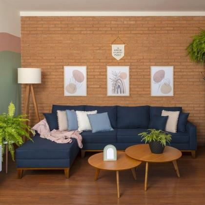 Imagem de Sofá 4 Lugares Pasco Com Chaise Esquerdo Linho Azul Marinho