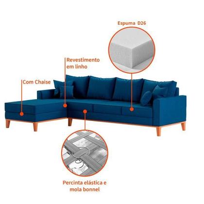 Imagem de Sofá 4 Lugares Pasco Com Chaise Esquerdo Linho Azul Marinho