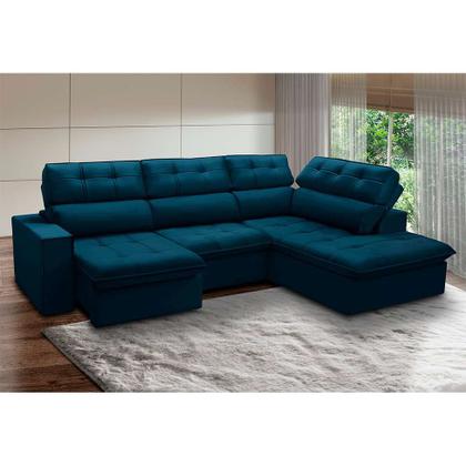 Imagem de Sofá 4 Lugares Retrátil e Reclinável Arezzo com Chaise Direito Veludo Azul