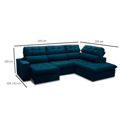 Imagem de Sofá 4 Lugares Retrátil e Reclinável Arezzo com Chaise Direito Veludo Azul