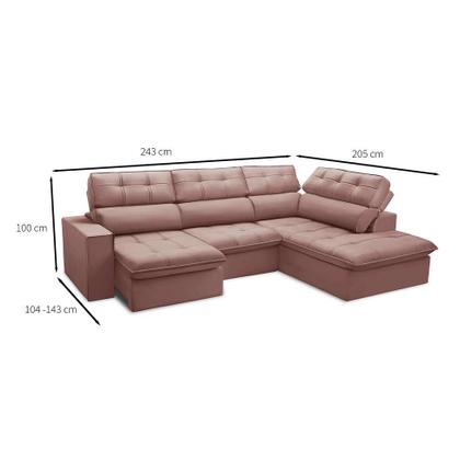 Imagem de Sofá 4 Lugares Retrátil e Reclinável Arezzo com Chaise Direito Veludo Rosê