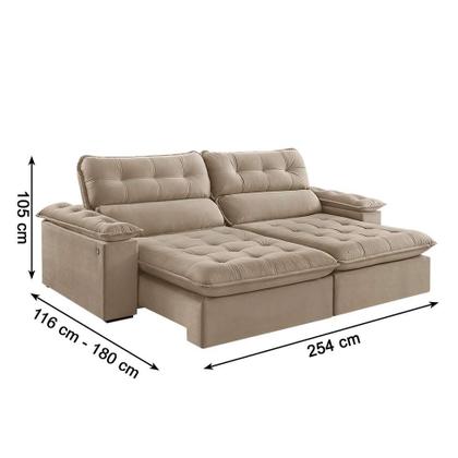 Sofá 4 Lugares Retrátil e Reclinável Jobi com USB Veludo Bege Natural 254 cm - Estofart Imagem de Sofá 4 Lugares Retrátil e Reclinável Jobi com USB Veludo Bege Natural 254 cm