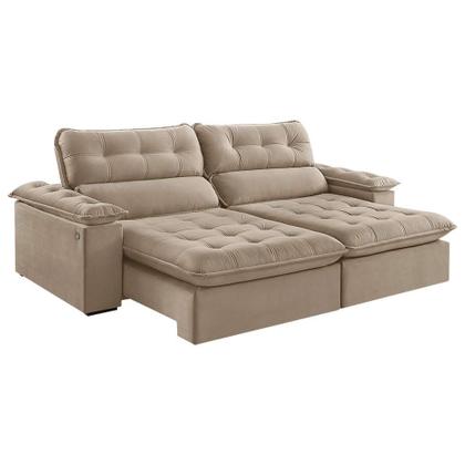 Sofá 4 Lugares Retrátil e Reclinável Jobi com USB Veludo Bege Natural 254 cm - Estofart Imagem de Sofá 4 Lugares Retrátil e Reclinável Jobi com USB Veludo Bege Natural 254 cm