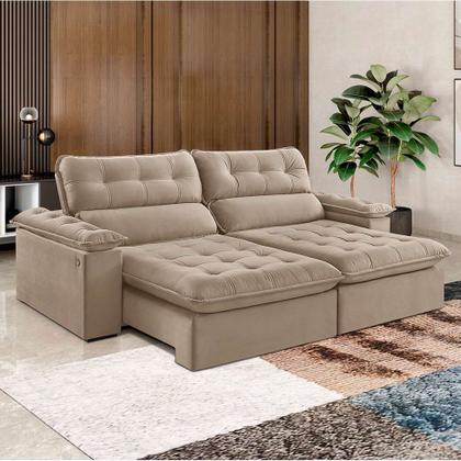 Sofá 4 Lugares Retrátil e Reclinável Jobi com USB Veludo Bege Natural 254 cm - Estofart Imagem de Sofá 4 Lugares Retrátil e Reclinável Jobi com USB Veludo Bege Natural 254 cm
