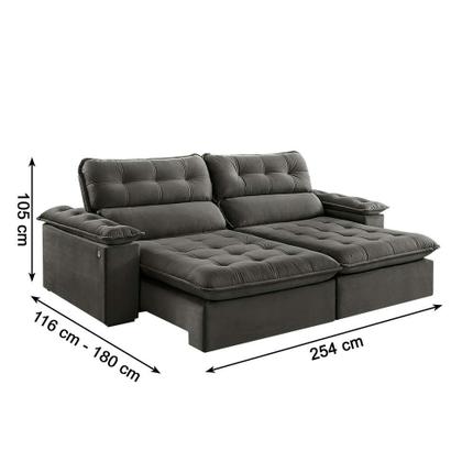 Sofá 4 Lugares Retrátil e Reclinável Jobi com USB Veludo Cinza 254 cm - Estofart Imagem de Sofá 4 Lugares Retrátil e Reclinável Jobi com USB Veludo Cinza 254 cm