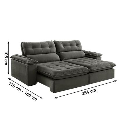 Imagem de Sofá 4 Lugares Retrátil e Reclinável Jobi com USB Veludo Cinza 254 cm