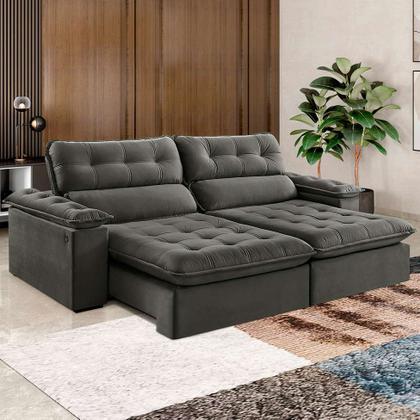 Sofá 4 Lugares Retrátil e Reclinável Jobi com USB Veludo Cinza 254 cm - Estofart Imagem de Sofá 4 Lugares Retrátil e Reclinável Jobi com USB Veludo Cinza 254 cm