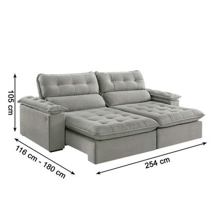 Sofá 4 Lugares Retrátil e Reclinável Jobi com USB Veludo Cinza Prateado 254 cm - Estofart Imagem de Sofá 4 Lugares Retrátil e Reclinável Jobi com USB Veludo Cinza Prateado 254 cm