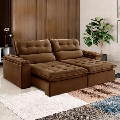 Sofá 4 Lugares Retrátil e Reclinável Jobi com USB Veludo Marrom 254 cm - Estofart Imagem de Sofá 4 Lugares Retrátil e Reclinável Jobi com USB Veludo Marrom 254 cm
