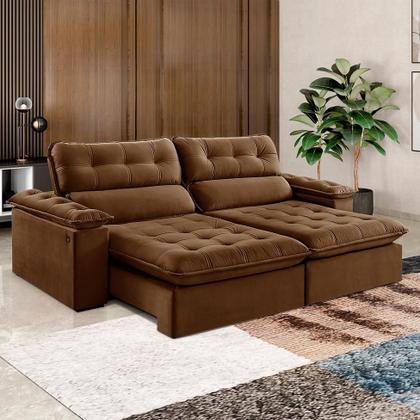 Imagem de Sofá 4 Lugares Retrátil e Reclinável Jobi com USB Veludo Marrom 254 cm
