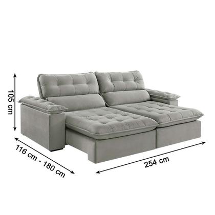 Sofá 4 Lugares Retrátil e Reclinável Jobi Veludo Cinza Prateado 254 cm - Estofart Imagem de Sofá 4 Lugares Retrátil e Reclinável Jobi Veludo Cinza Prateado 254 cm