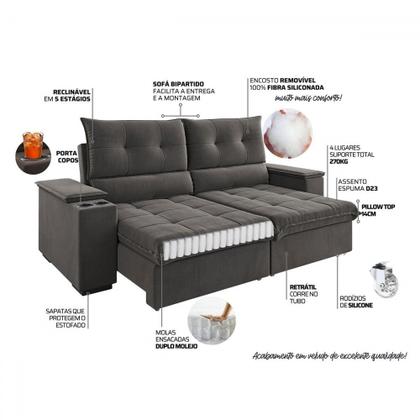 Imagem de Sofá 4 Lugares Santiago Retrátil e Reclinável Grafite - Viero Móveis