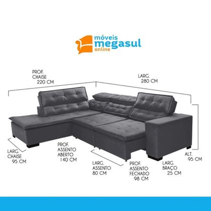 Imagem de Sofá 5 Lugares Canto 2,80x2,20 m Sttilo Retrátil e Reclinável Chaise D Pillow e Molas Cinza -Megasul