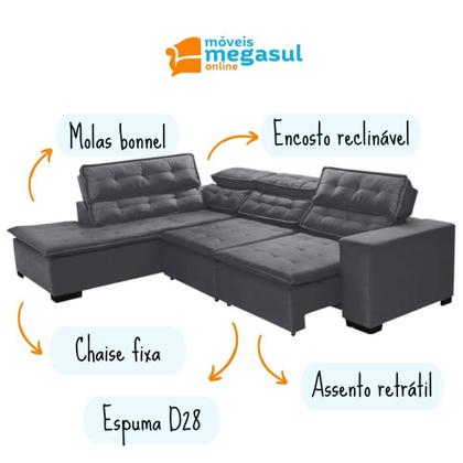Imagem de Sofá 5 Lugares Canto 2,80x2,20 m Sttilo Retrátil e Reclinável Chaise D Pillow e Molas Cinza -Megasul