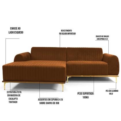 Imagem de Sofá 5 Lugares com Chaise Esquerdo Para Sala Molino 300cm D02 Veludo Telha B-262 - Lyam Decor