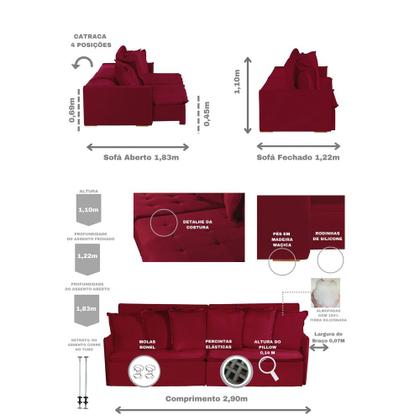 Imagem de Sofá 5 Lugares Modular Olinda 2.90 MT com Molas Retrátil e Reclinável Veludo Nobre Sofatec