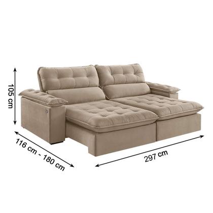 Sofá 5 Lugares Retrátil e Reclinável Jobi com USB Veludo Bege Natural 297 cm - Estofart Imagem de Sofá 5 Lugares Retrátil e Reclinável Jobi com USB Veludo Bege Natural 297 cm