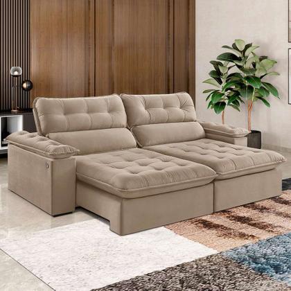 Sofá 5 Lugares Retrátil e Reclinável Jobi com USB Veludo Bege Natural 297 cm - Estofart Imagem de Sofá 5 Lugares Retrátil e Reclinável Jobi com USB Veludo Bege Natural 297 cm