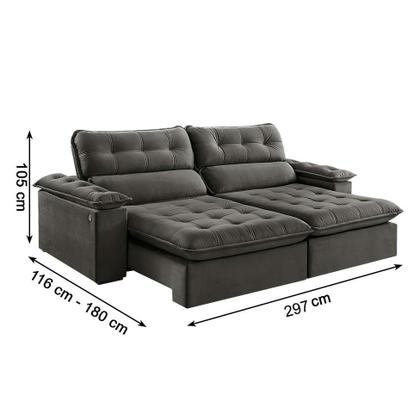 Sofá 5 Lugares Retrátil e Reclinável Jobi com USB Veludo Cinza 297 cm - Estofart Imagem de Sofá 5 Lugares Retrátil e Reclinável Jobi com USB Veludo Cinza 297 cm