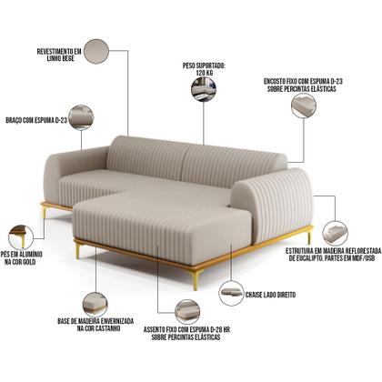 Imagem de Sofá 6 Lugares com Chaise Direito Para Sala de Estar Molino 350cm D02 Linho Bege C-107 - Lyam Decor