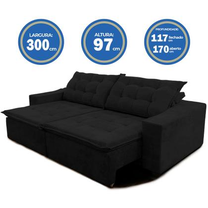 Imagem de Sofá Amazonas 3 metros Retrátil com Molas Suede Veludo Light Preto - Sofá na Web