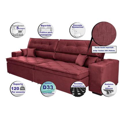 Imagem de Sofá Austin. 2,02m Retrátil, Reclinável com Molas no Assento e Almofadas, Tecido Suede