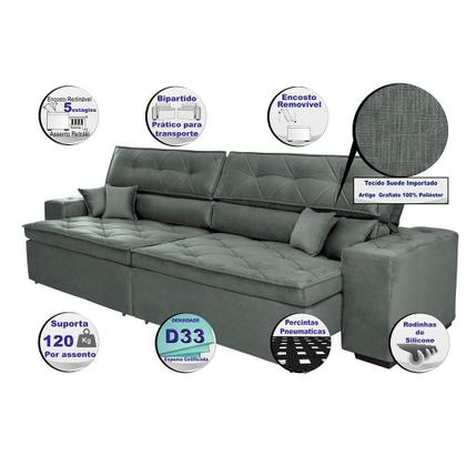 Imagem de Sofá Austin. 2,22m Retrátil, Reclinável com Molas no Assento e Almofadas, Tecido Suede