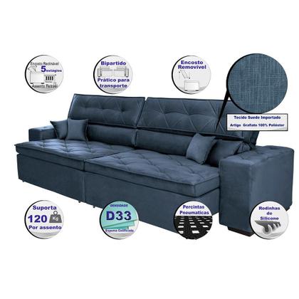 Imagem de Sofá Austin 3,02m Retrátil, Reclinável com Molas no Assento e Almofadas, Tecido Suede Azul