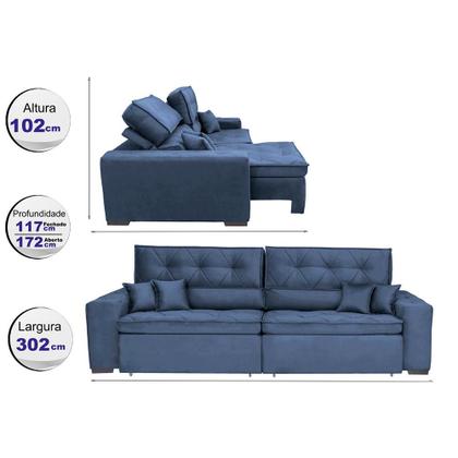 Imagem de Sofá Austin 3,02m Retrátil, Reclinável com Molas no Assento e Almofadas, Tecido Suede Azul