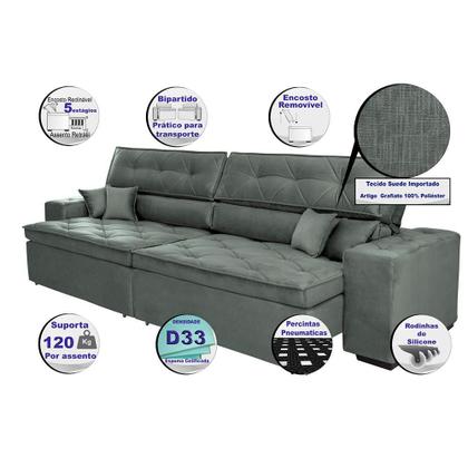 Imagem de Sofá Austin 3,02m Retrátil, Reclinável com Molas no Assento e Almofadas, Tecido Suede Grafite