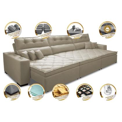 Imagem de Sofá Austin 3,22m Retrátil, Reclinável com Molas no Assento e Almofadas, Tecido Suede Bege