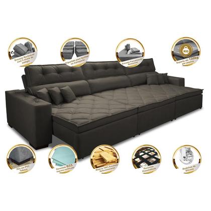 Imagem de Sofá Austin 3,22m Retrátil, Reclinável com Molas no Assento e Almofadas, Tecido Suede Café