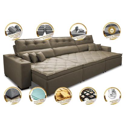 Imagem de Sofá Austin 3,22m Retrátil, Reclinável com Molas no Assento e Almofadas, Tecido Suede Castor